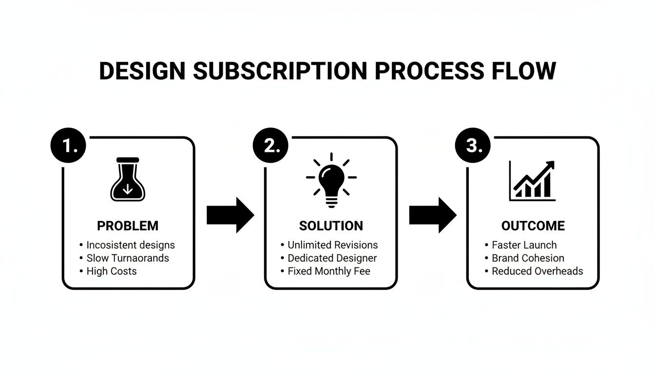 A design subscription process flow diagram showing problem, solution, and outcome for creative services.