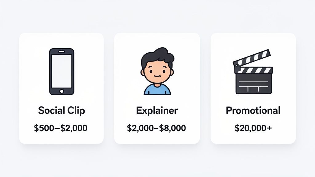 An infographic displaying estimated costs for video production: Social Clip ($500-$2,000), Explainer ($2,000-$8,000), and Promotional ($20,000+).