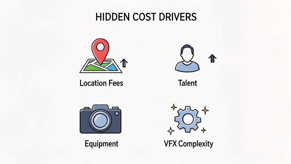 An illustration showing 'Hidden Cost Drivers' for video production: location fees, talent, equipment, and VFX complexity, all indicating rising costs.