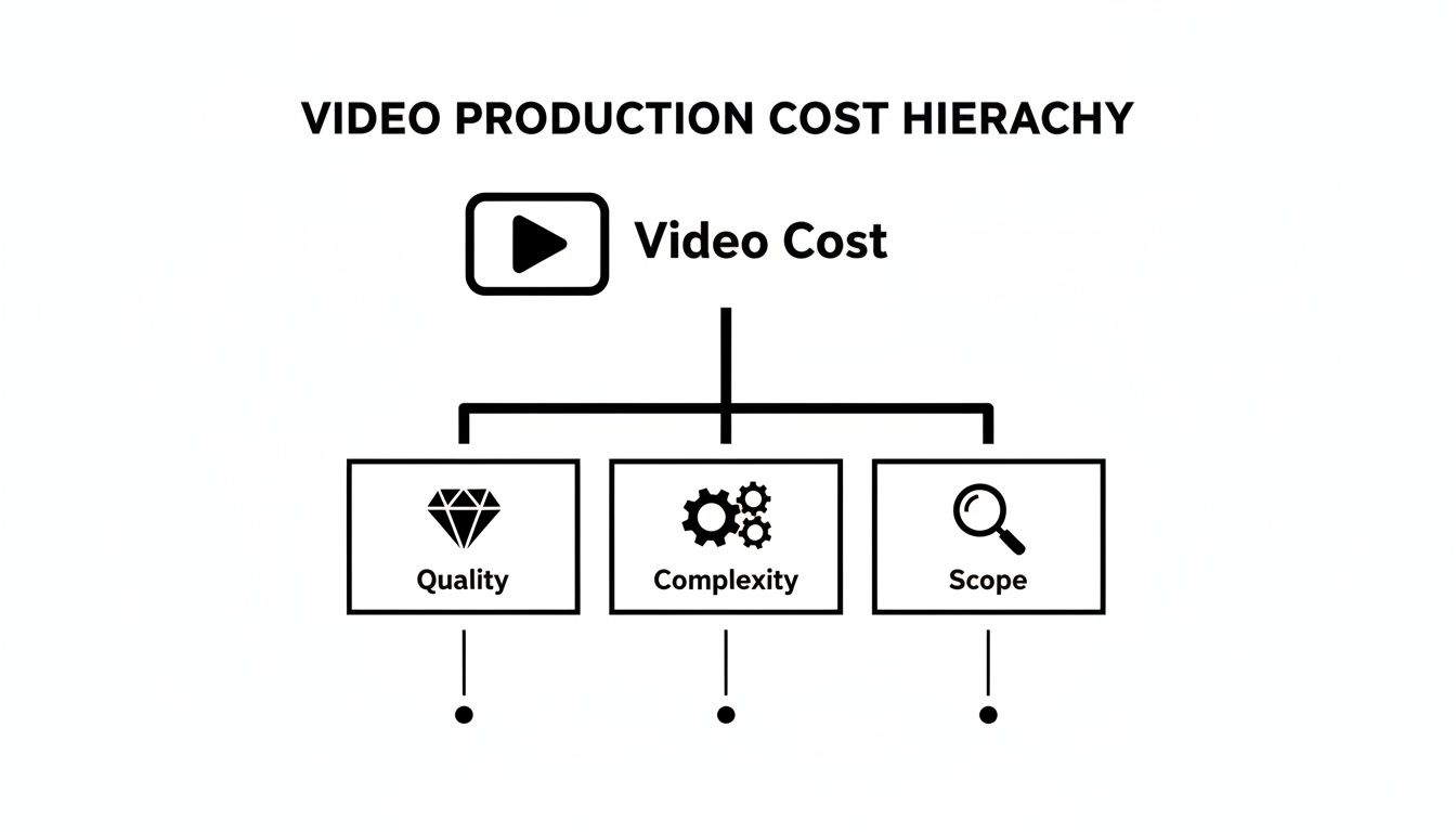 Diagram showing video production cost hierarchy, breaking down video cost into quality, complexity, and scope factors.