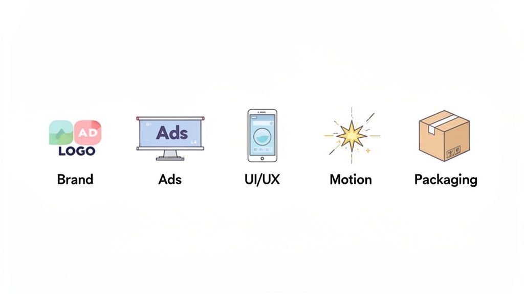 Illustrative icons representing graphic design services: Brand, Ads, UI/UX, Motion, and Packaging.
