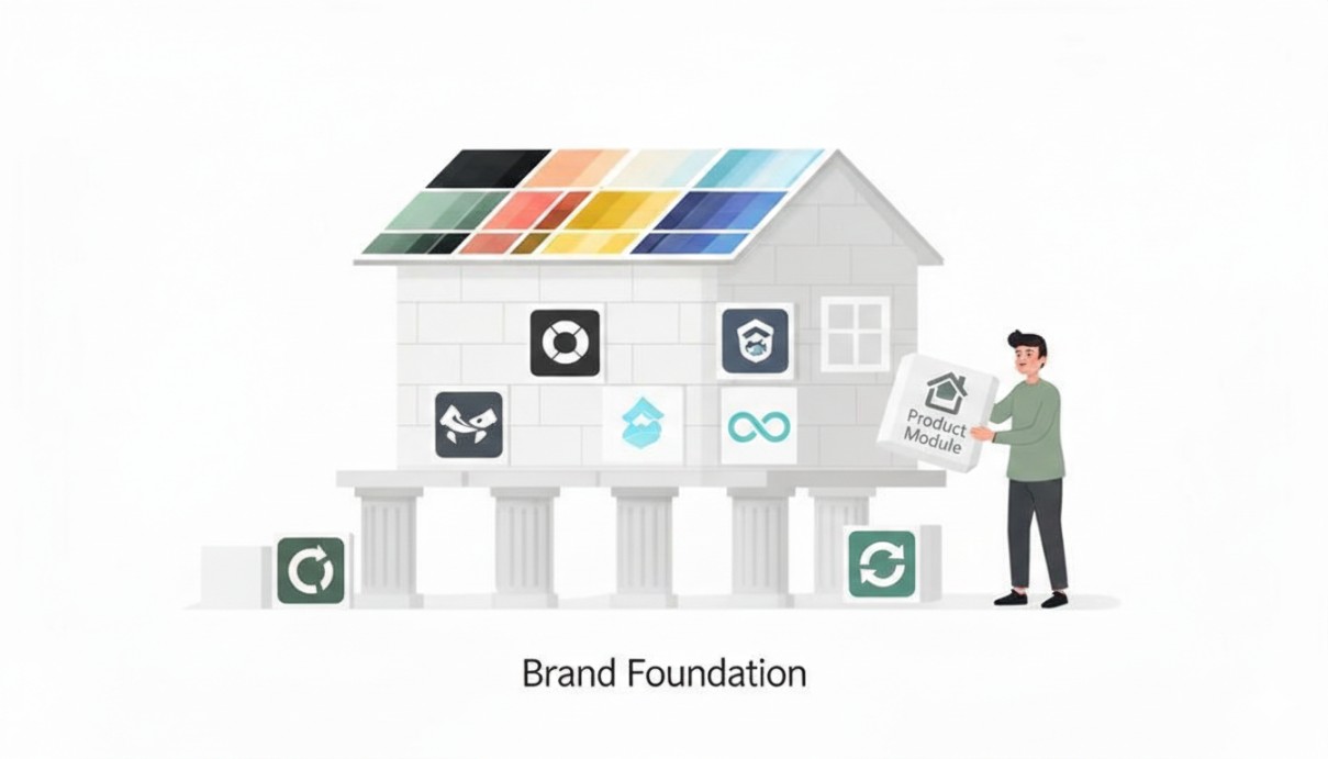 A man constructs a house made of brand logo blocks, illustrating brand foundation and design.