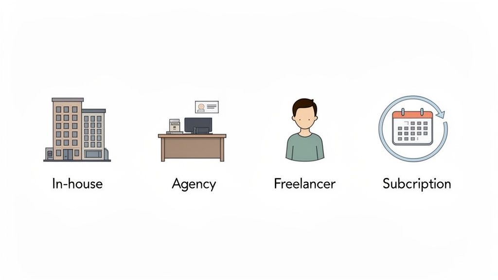 Four distinct options for service acquisition: in-house, agency, freelancer, and subscription.