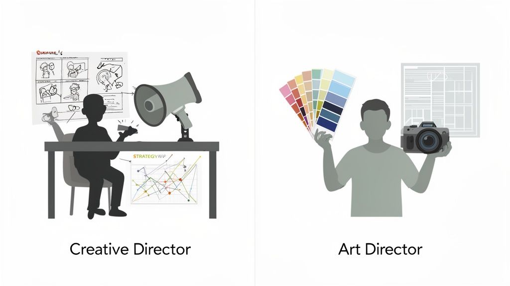 An infographic comparing Creative Director and Art Director roles, showing their distinct tools and responsibilities.