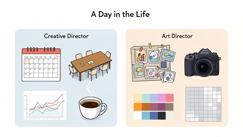 A visual comparison contrasting the daily tools and tasks of a Creative Director and an Art Director.