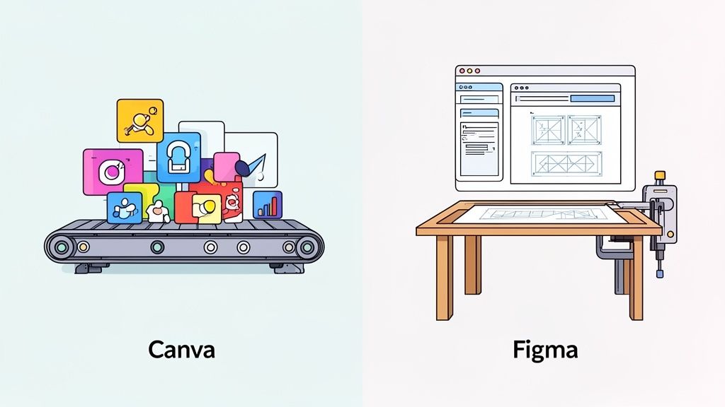 An illustration comparing Canva and Figma: Canva with a conveyor belt of colorful design elements, Figma with a design screen and drafting table.