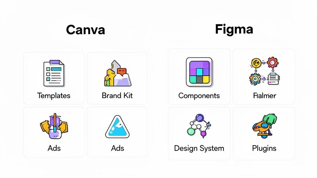 Comparison chart displaying key features and tools offered by design platforms Canva and Figma.