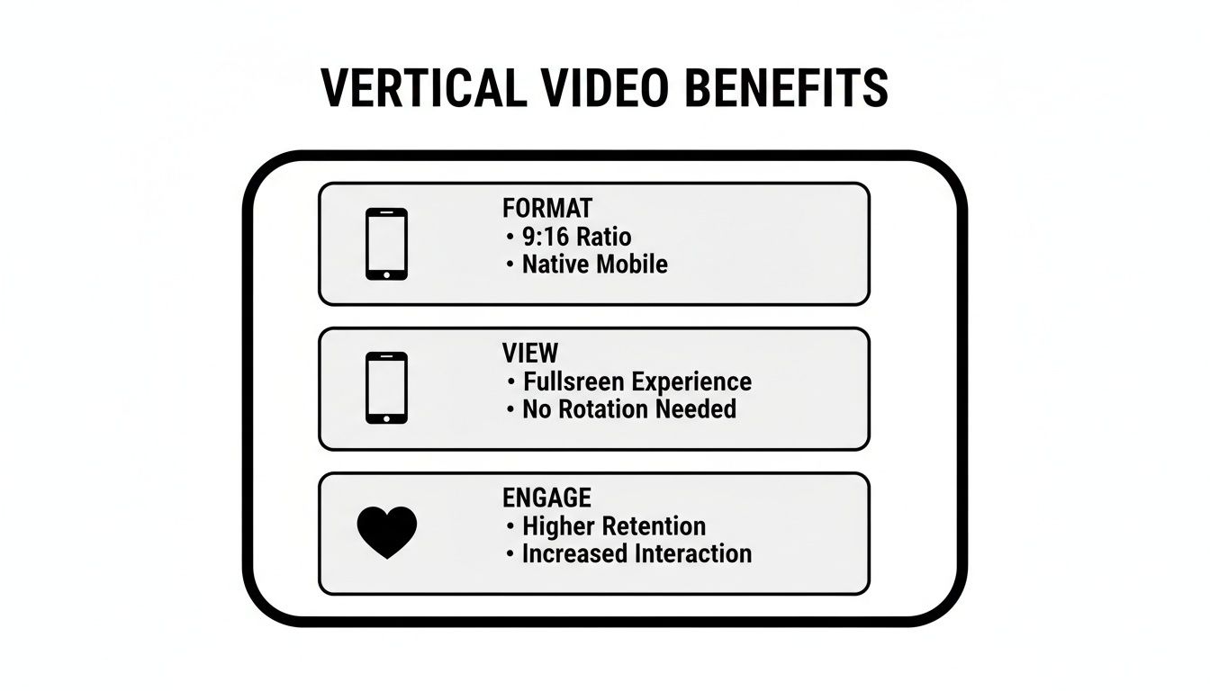 A visual guide illustrating vertical video benefits like 9:16 ratio, fullscreen view, and higher engagement.