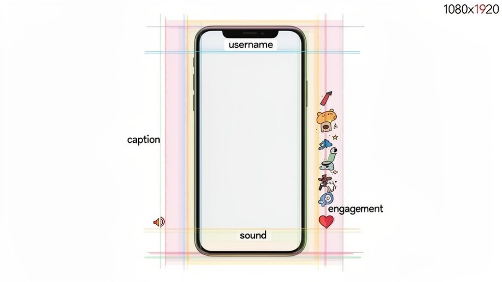 A smartphone displays a vertical video layout, detailing elements like username, caption, sound, and engagement.