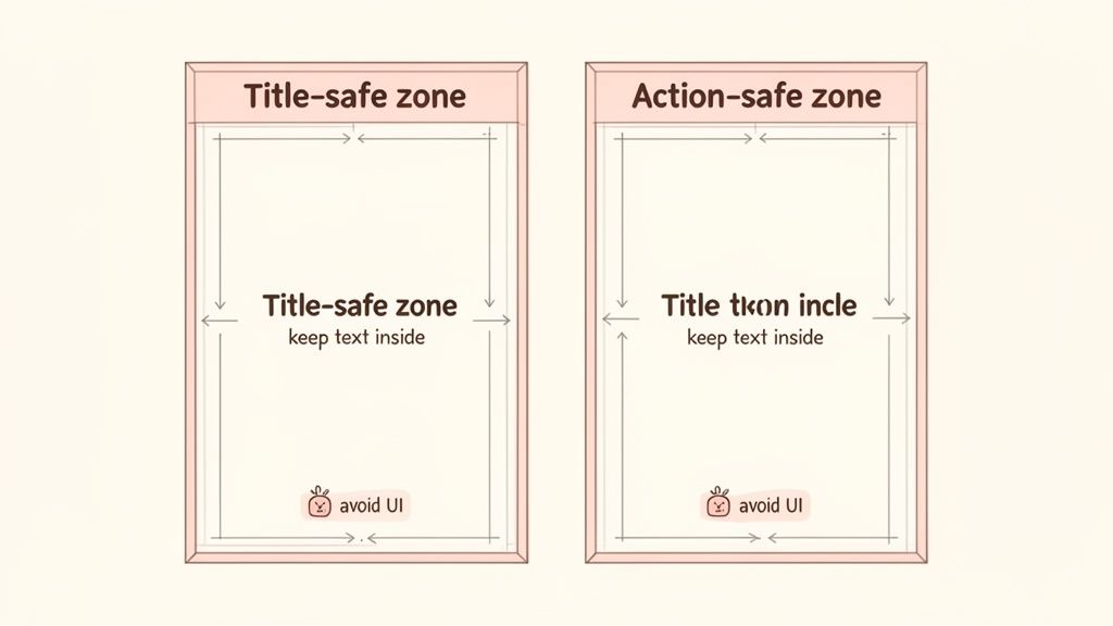 Two diagrams illustrating safe zones for vertical video content, guiding text placement and UI element avoidance.