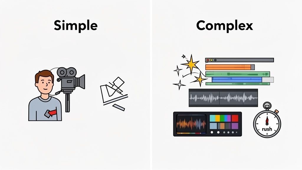 Illustration contrasting simple video capture with complex video editing software and processes.