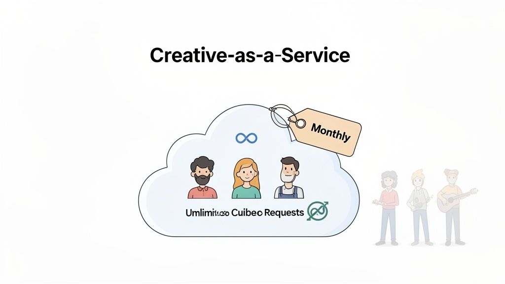 Illustration of Creative-as-a-Service cloud offering unlimited monthly creative requests with a team.