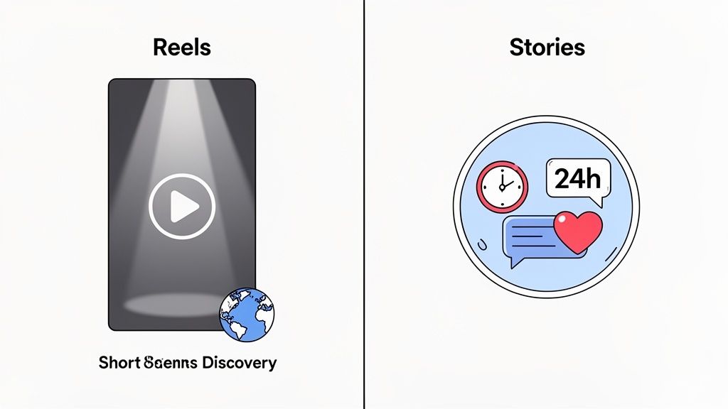 Illustrative comparison of social media features: Reels for short video discovery and Stories for temporary updates.