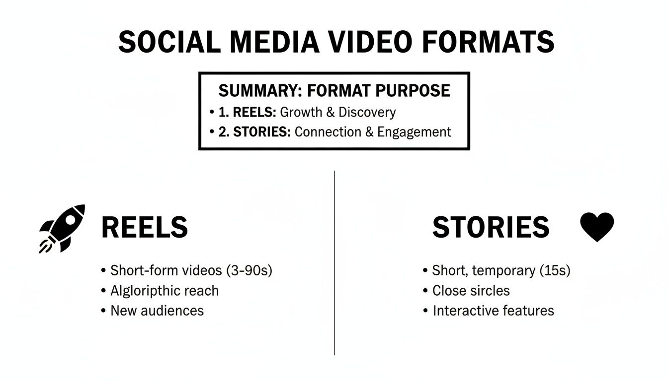 A comparison chart outlining the differences between social media Reels and Stories, including purpose, length, and reach.