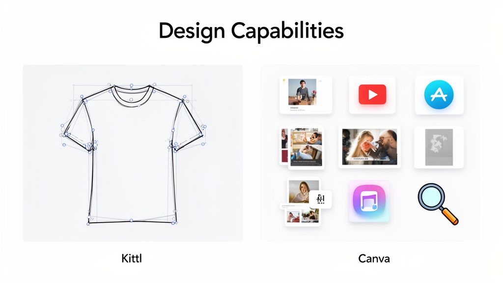 A visual comparison of design capabilities between Kittl, featuring a t-shirt outline, and Canva, showing various app icons.