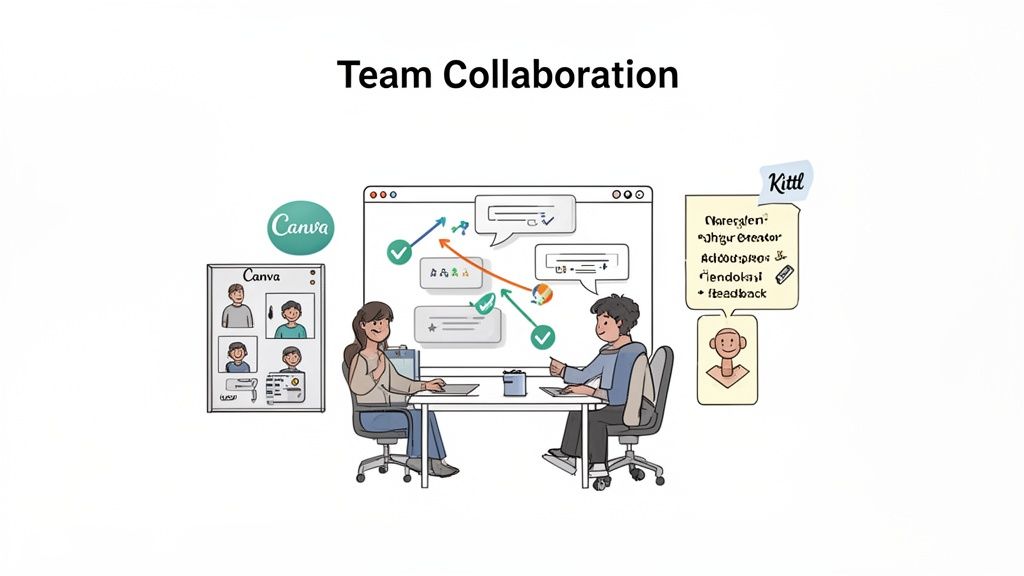 Illustration of two team members collaborating on design projects using Canva and Kittl.