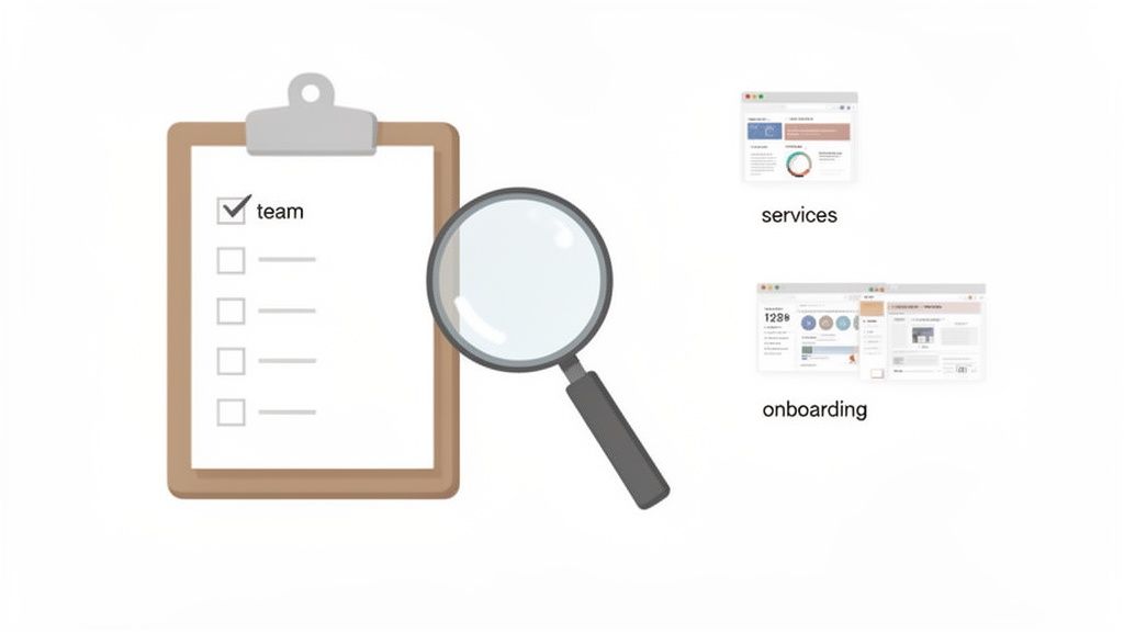 A clipboard with a checked 'team' item, a magnifying glass, and browser windows showing 'services' and 'onboarding' interfaces.