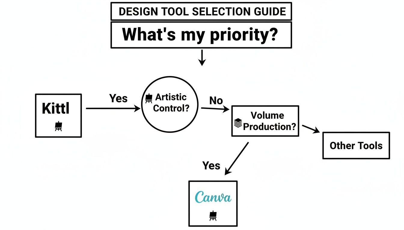 A flowchart guiding design tool selection between Kittl, Canva, and others based on artistic control and volume production.