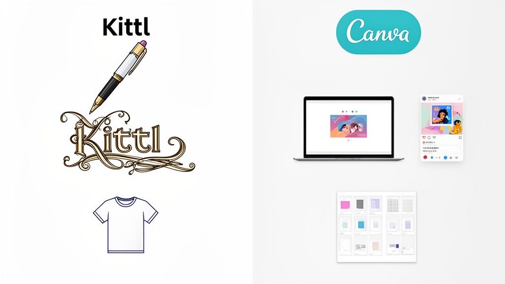 A visual comparison of Kittl and Canva, showcasing their design capabilities for logos, apparel, and digital media.