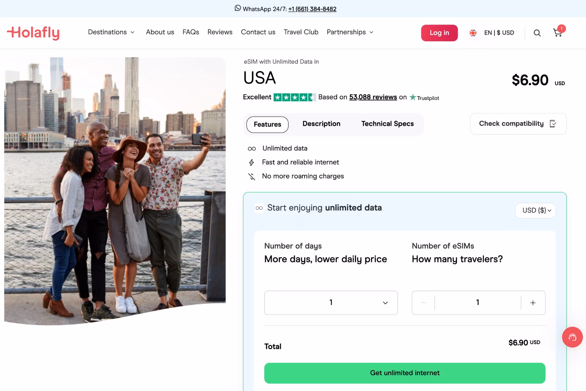 Holafly USA eSIM product page showing travel data plans and pricing