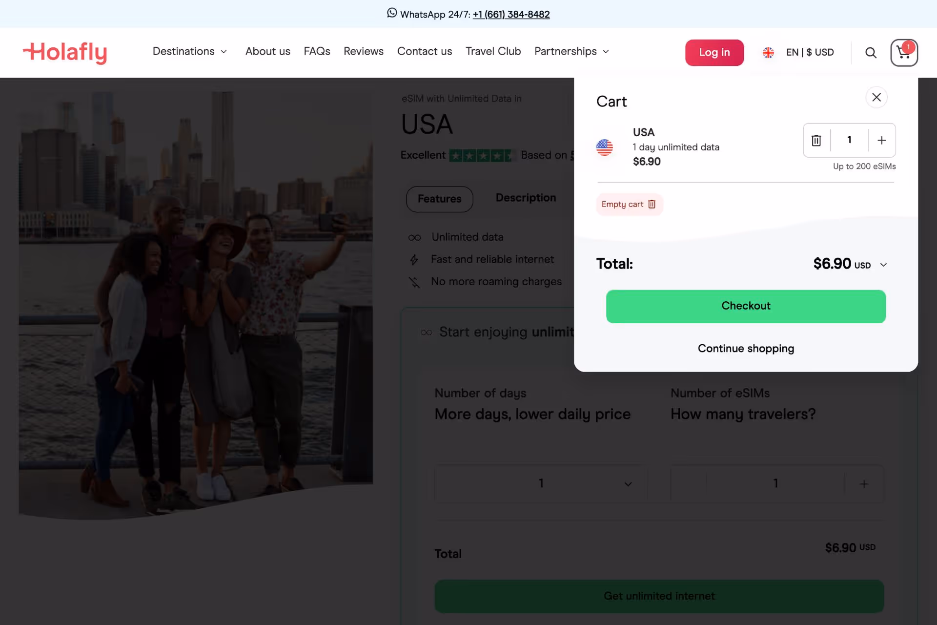 Holafly shopping cart showing USA eSIM data plan selected for purchase