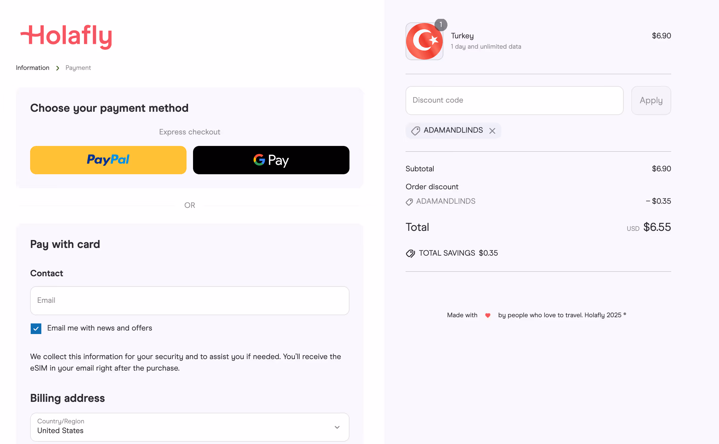 Holafly checkout page showing discount code ADAMANDLINDS applied for 5% savings