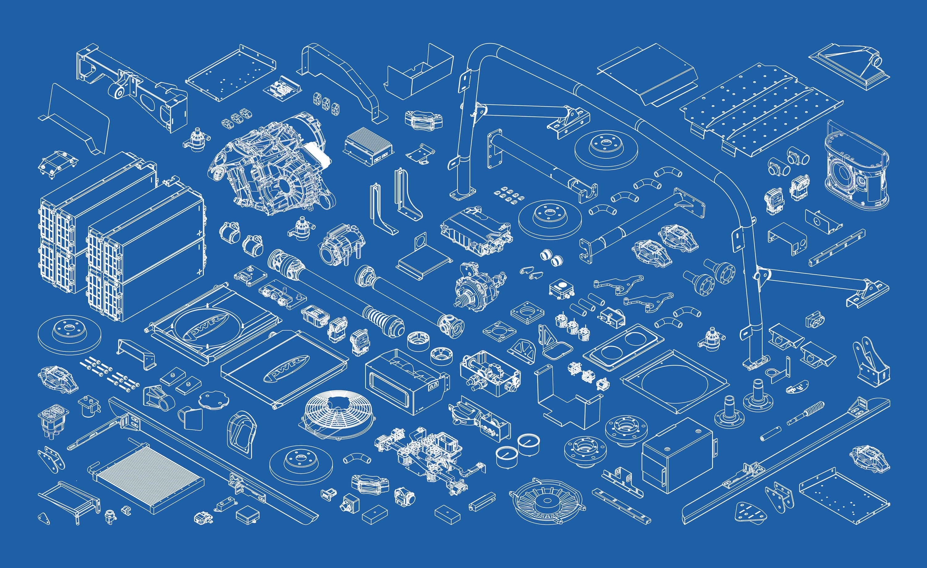 Isometric blueprint showing all EV components in a Jaunt electric Land Rover Series conversion
