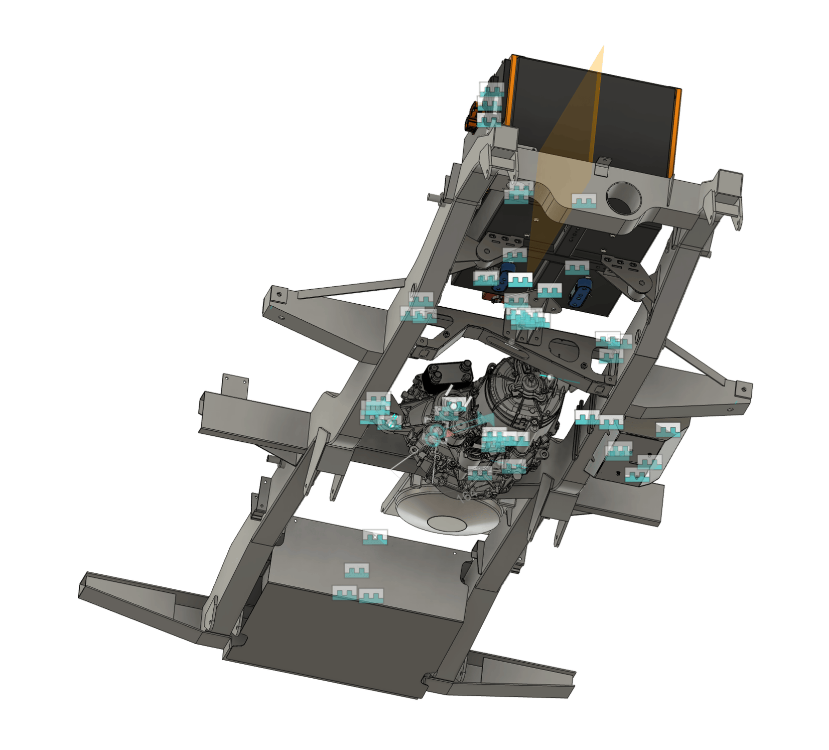 3D CAD model showing FEA stress simulation of the Jaunt chassis
