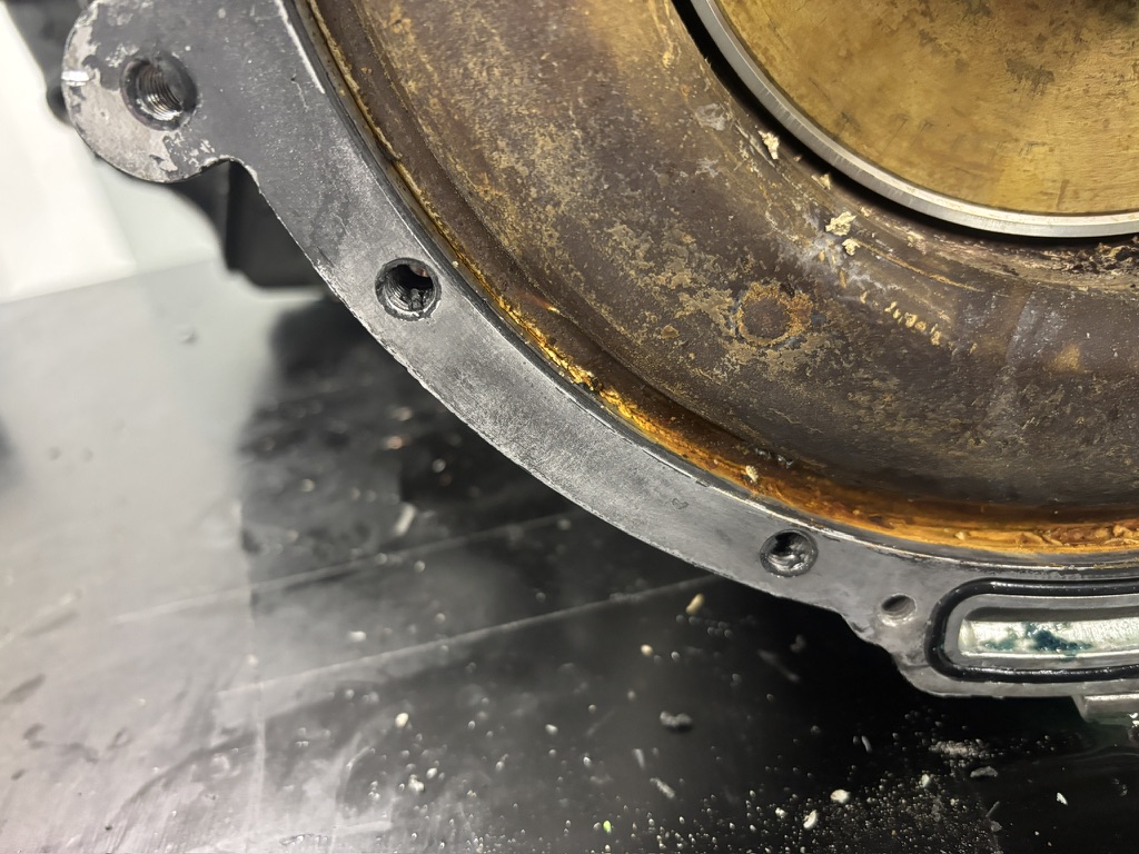 Corrosion around the lower stator edge of a Tesla LDU after the end cap was removed