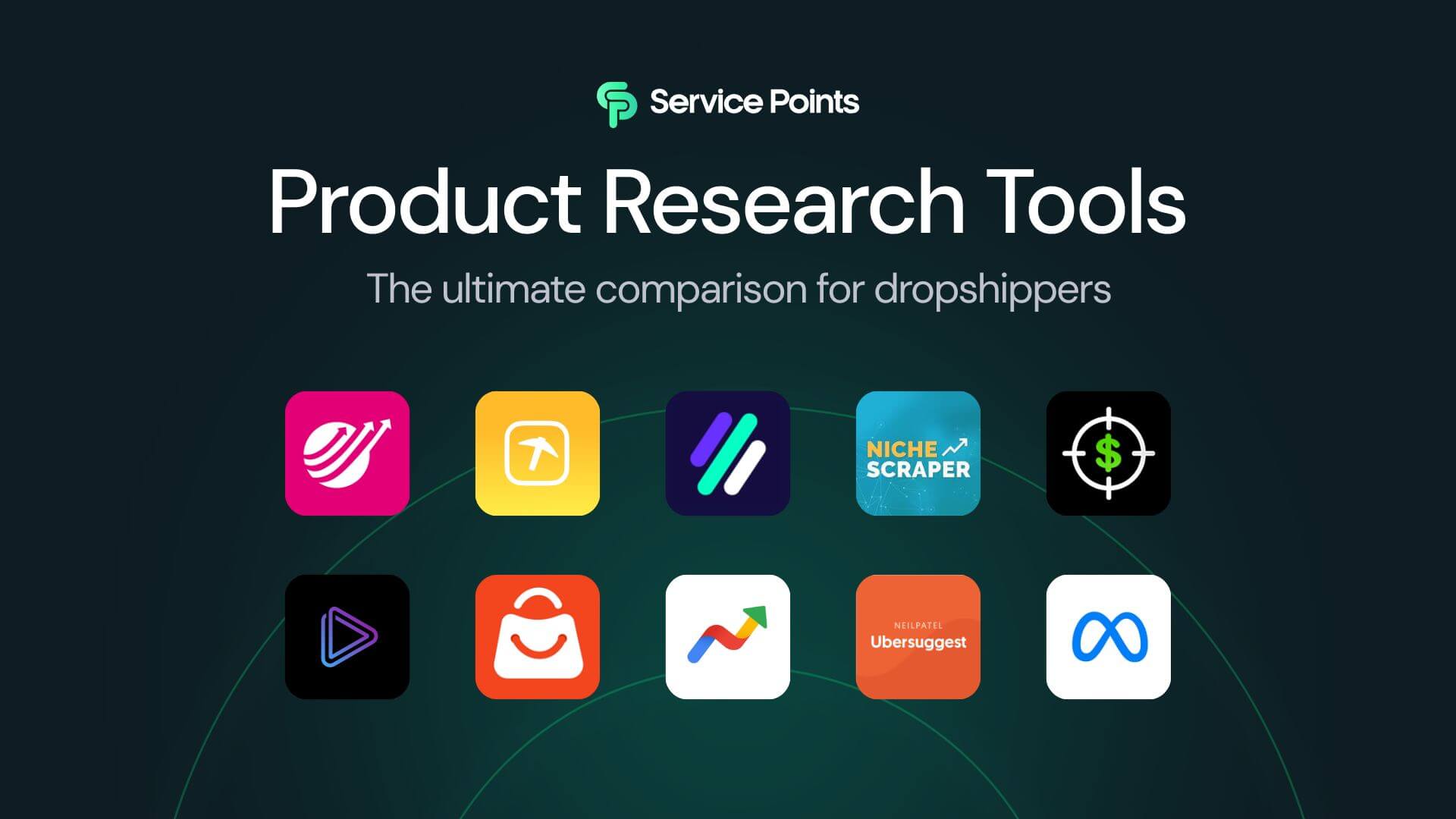 Overview image with icons of various product research tools for dropshipping.