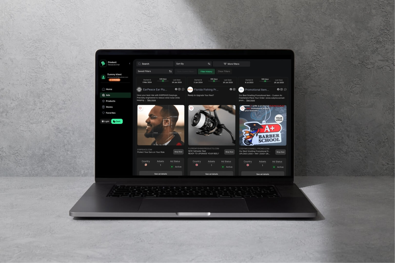 Laptop with a product research tool analyzing winning products for dropshipping.