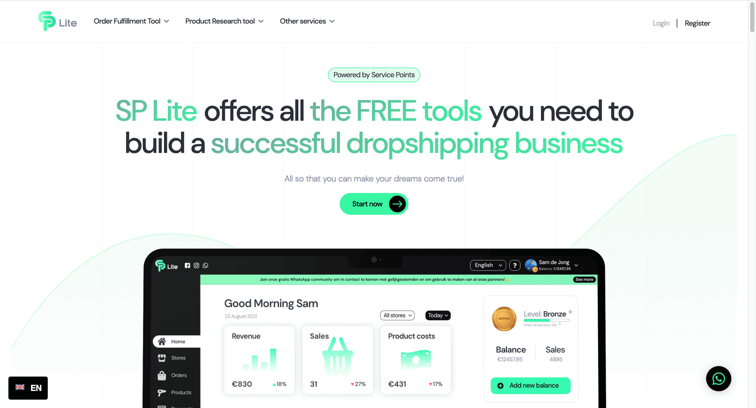 Homepage van SP Lite, het platform voor gratis dropshippingtools.