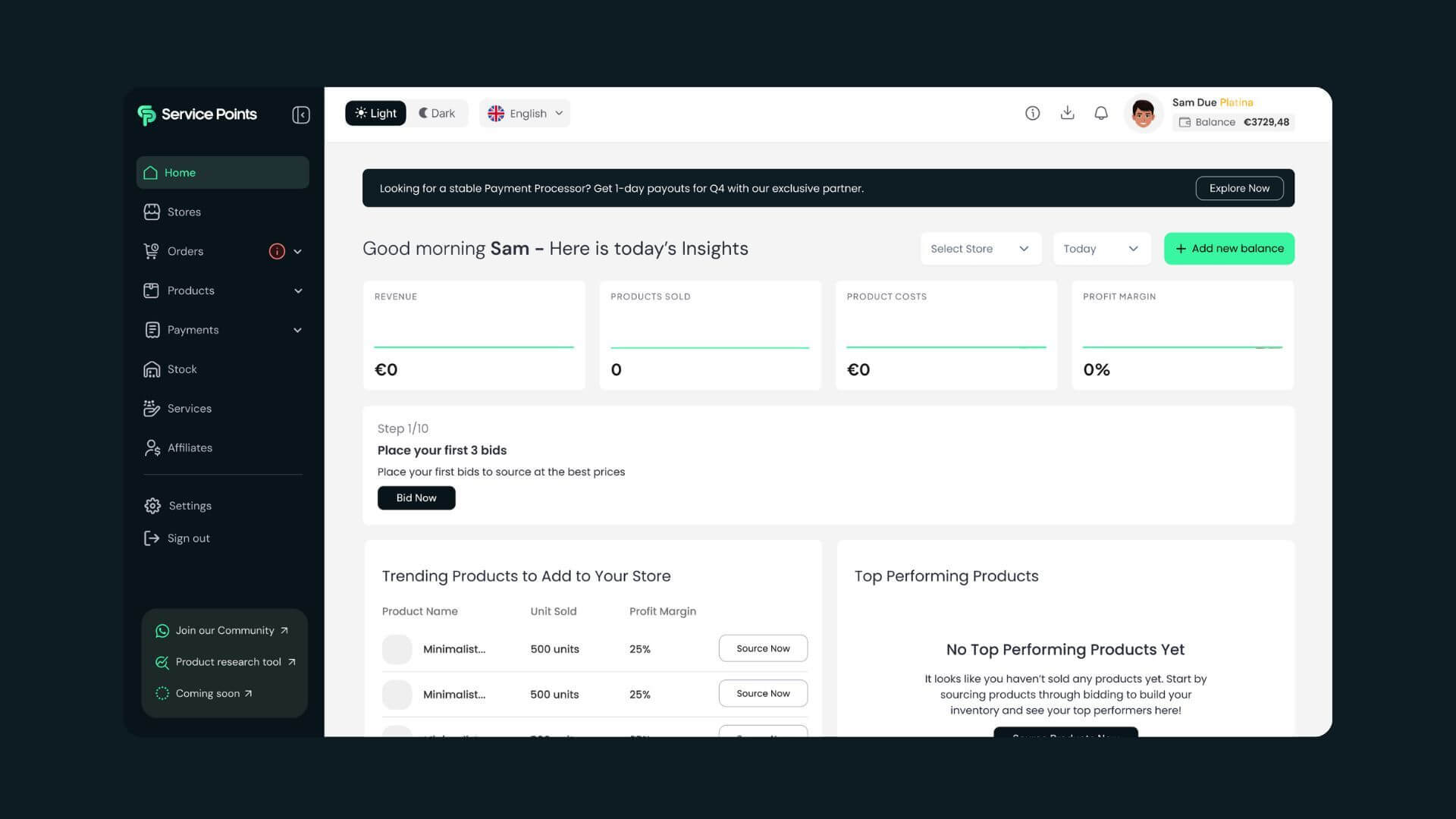 Dashboard van Service Points platform met statistieken voor orders, productkosten en trending producten.
