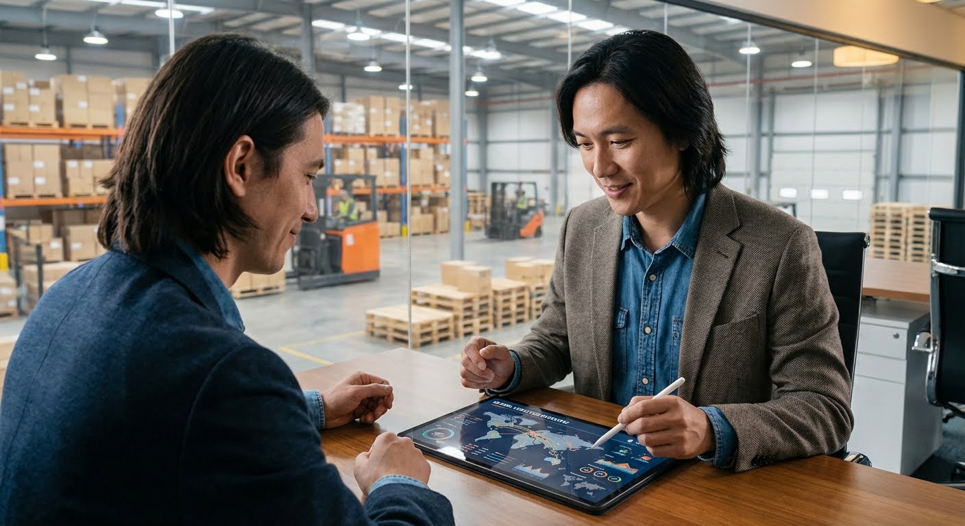 Two suppliers discuss sourcing and supply chain in a warehouse, with logistics data on a tablet.