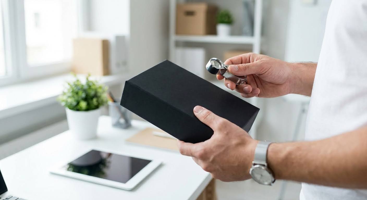 E-commerce ondernemer inspecteert productverpakking en kwaliteit met vergrootglas vóór dropshipping verkoop.