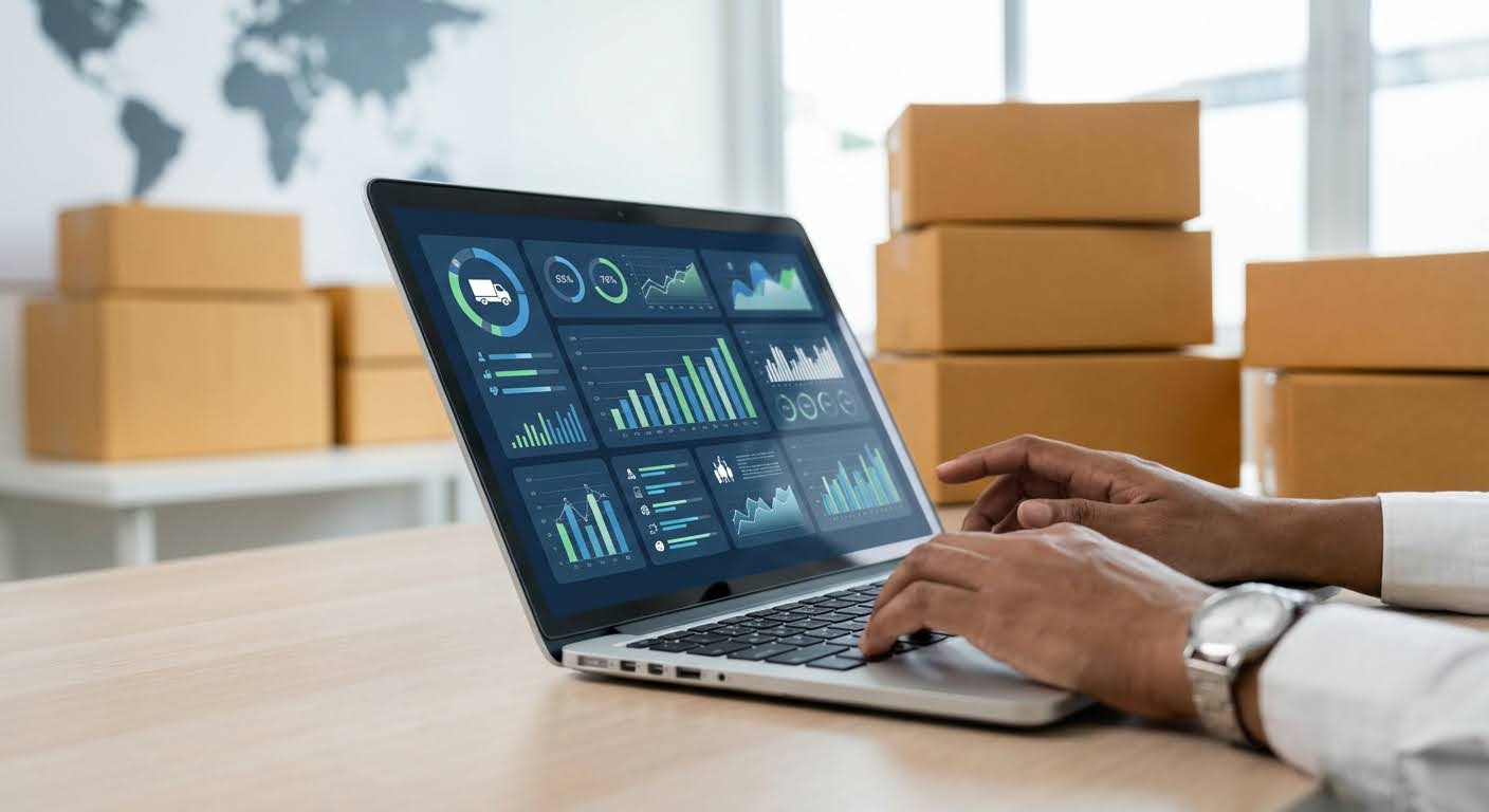 E-commerce ondernemer werkt op laptop met analytics-dashboard, met verzenddozen op de achtergrond in een dropshipping omgeving.