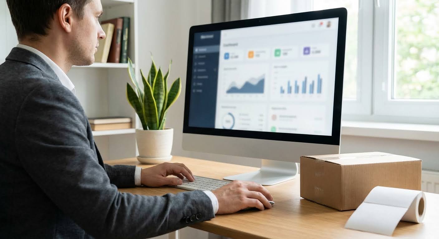 Klantenservice medewerker die een niet-ontvangen pakket onderzoekt in een dropshipping webshop