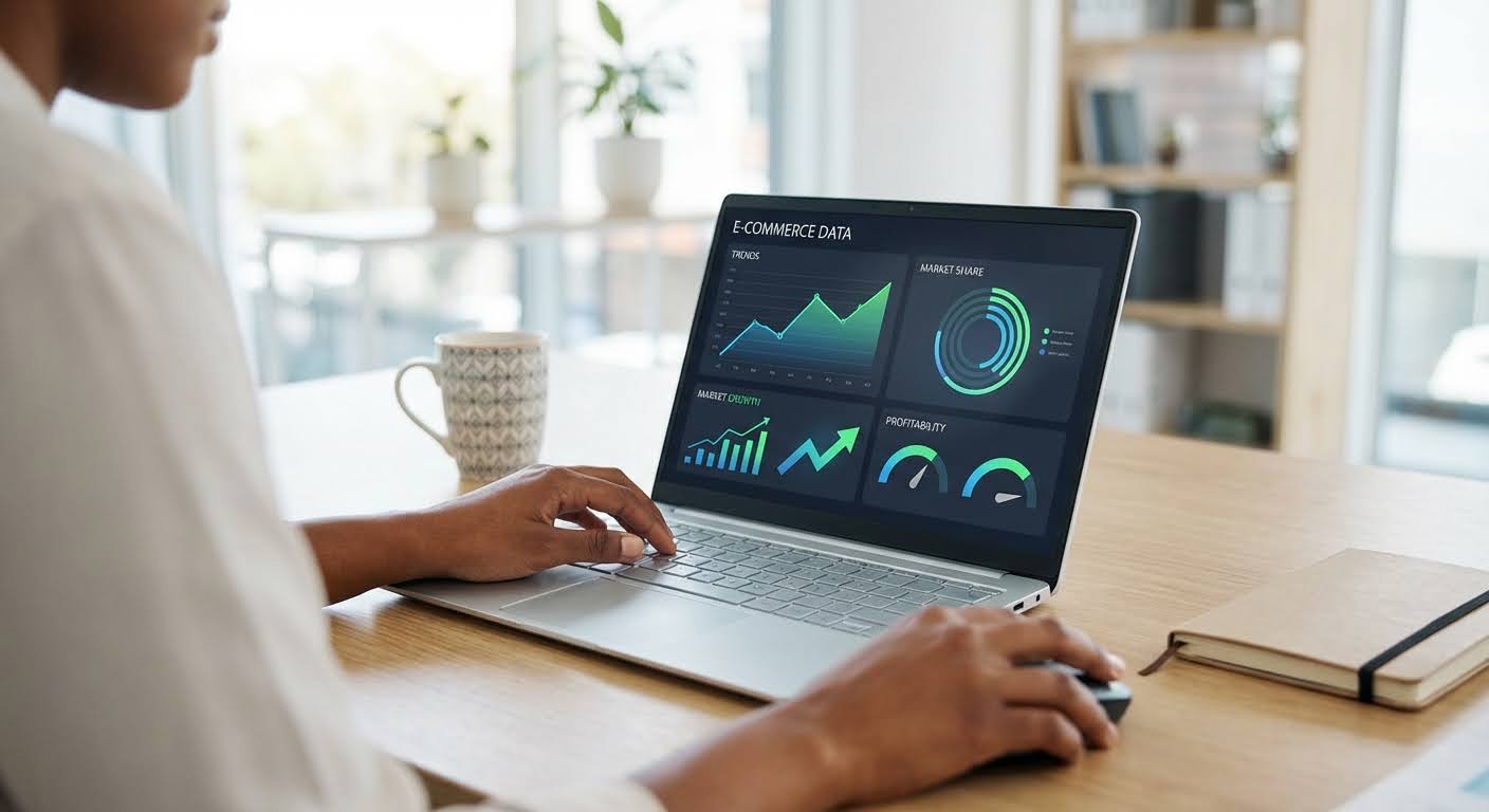 Ein Unternehmer analysiert Produkt- und Werbedaten auf einem Laptop für seine Produktforschung.