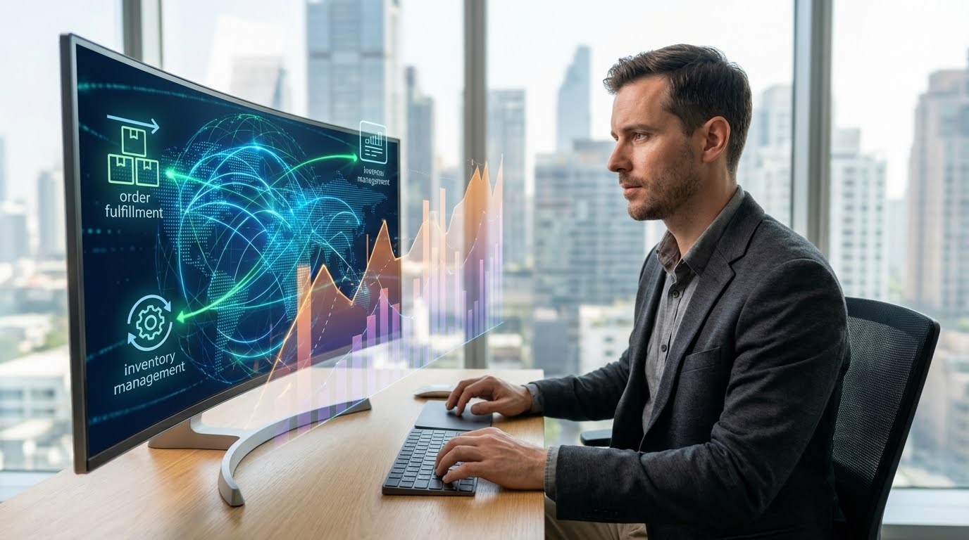 Laptop with dashboard and stacks of shipping boxes in the background for dropshipping automation.