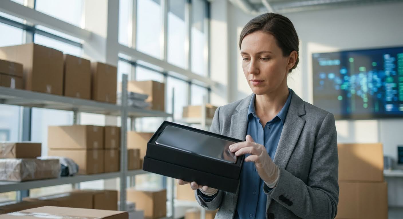 E-commerce ondernemer controleert de productkwaliteit van een sample vóór verkoop.
