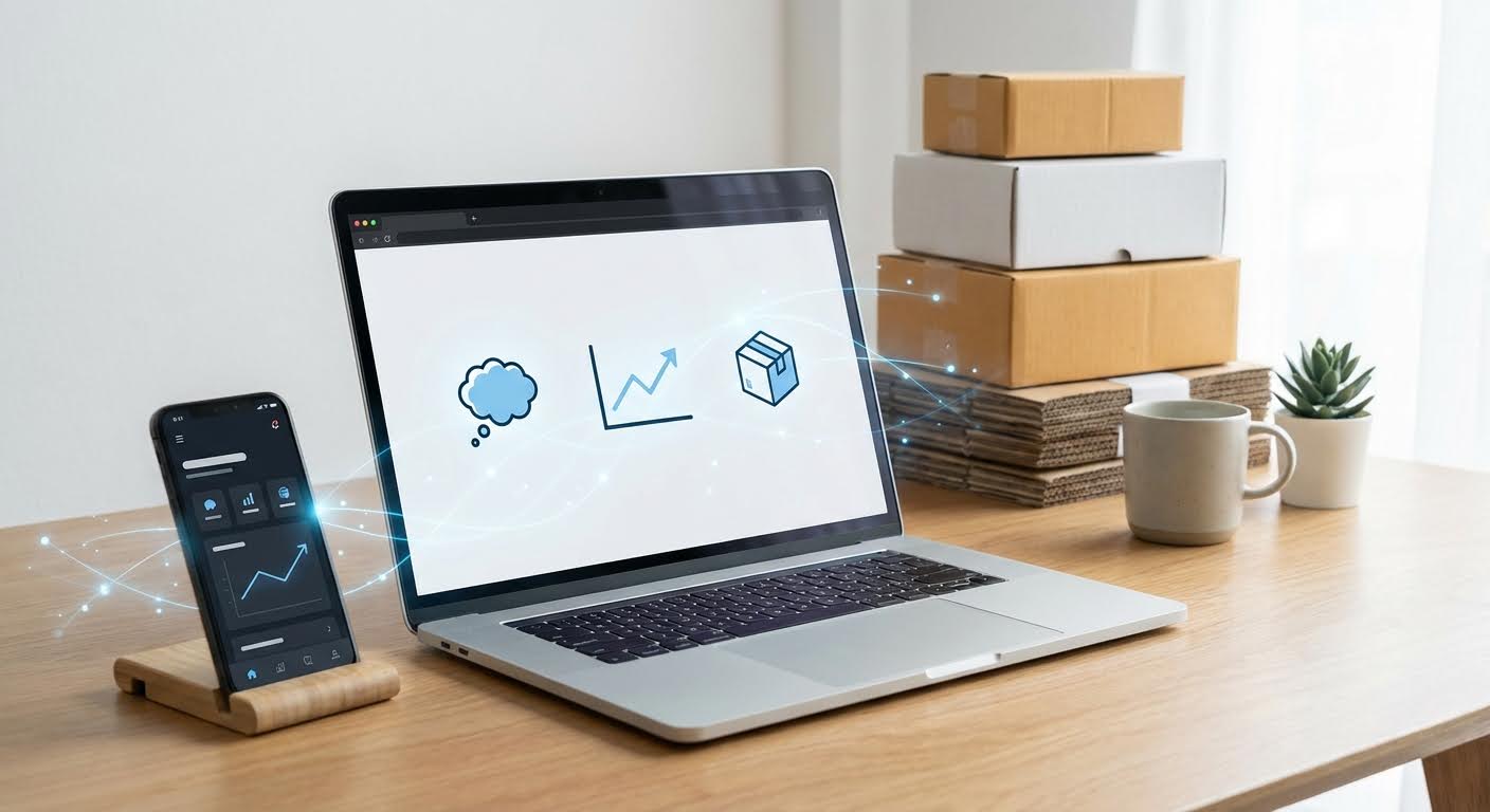 Laptop and smartphone with AI analytics dashboard on desk next to shipping boxes for e-commerce webshop