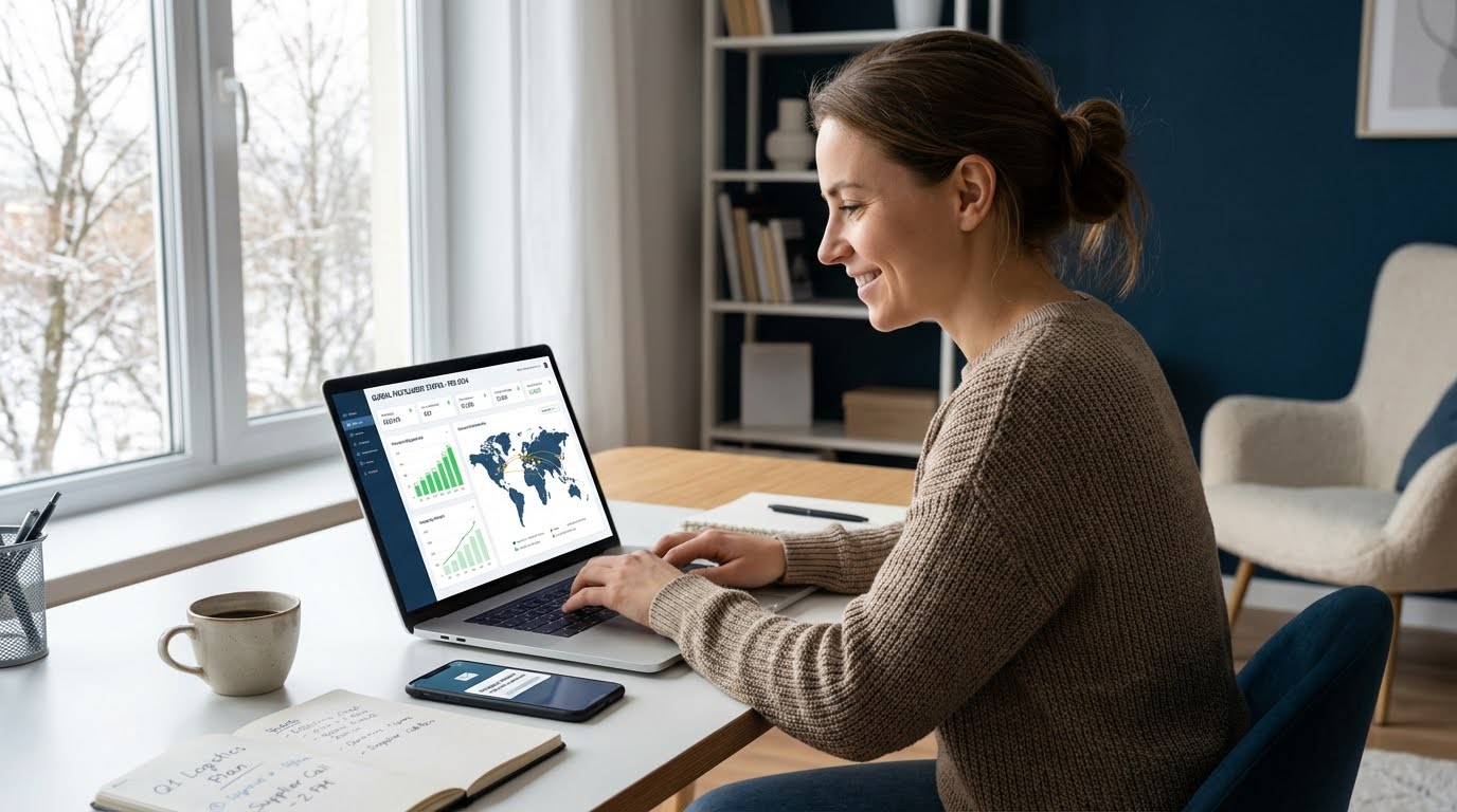 Ondernemer analyseert verkoopdata op laptop om webshopstrategie tijdens Chinees Nieuwjaar te optimaliseren.