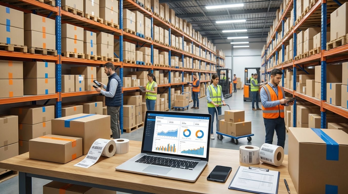 Magazijnmedewerkers scannen pakketten in een groot warehouse met dashboard op laptop, symbool voor logistieke voorbereiding tijdens Chinees Nieuwjaar.