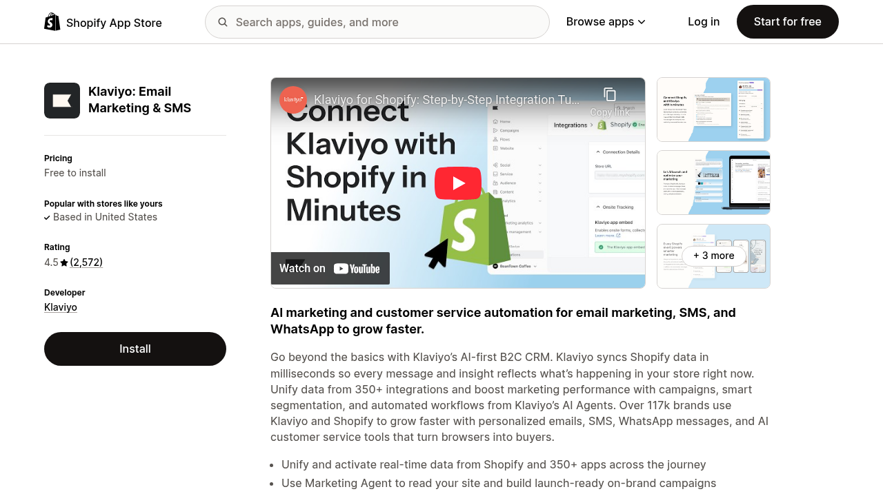 Screenshot of https://apps.shopify.com/klaviyo-email-marketing