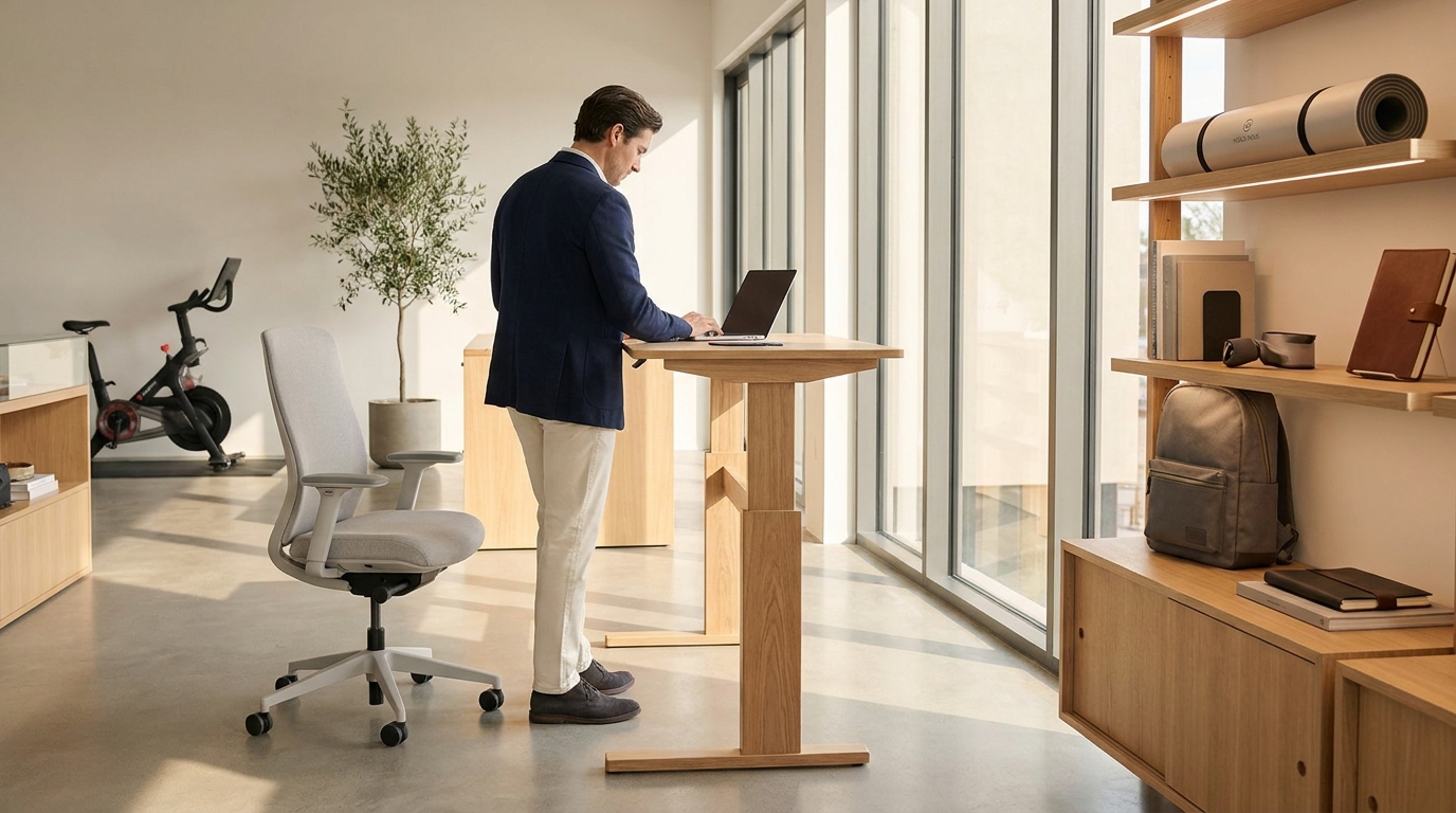 Ondernemer werkt aan high ticket dropshipping webshop met duurdere producten zoals staande bureaus en fitnessapparatuur