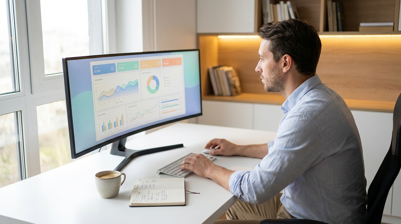 Dropshipper gebruikt AI-tools op laptop om winnende producten te vinden via data-analyse en advertentiesignalen