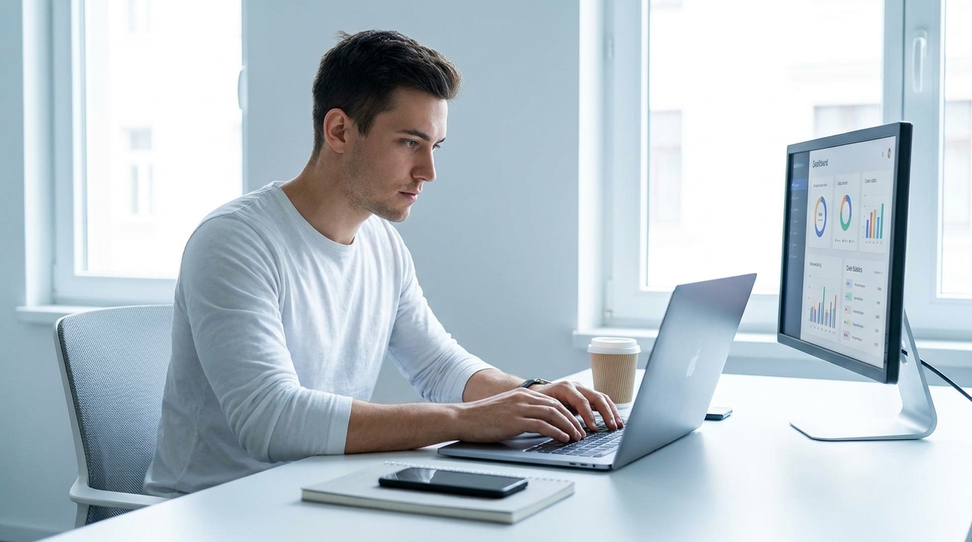 Dropshipper uses ChatGPT on laptop for writing product descriptions and customer service responses.
