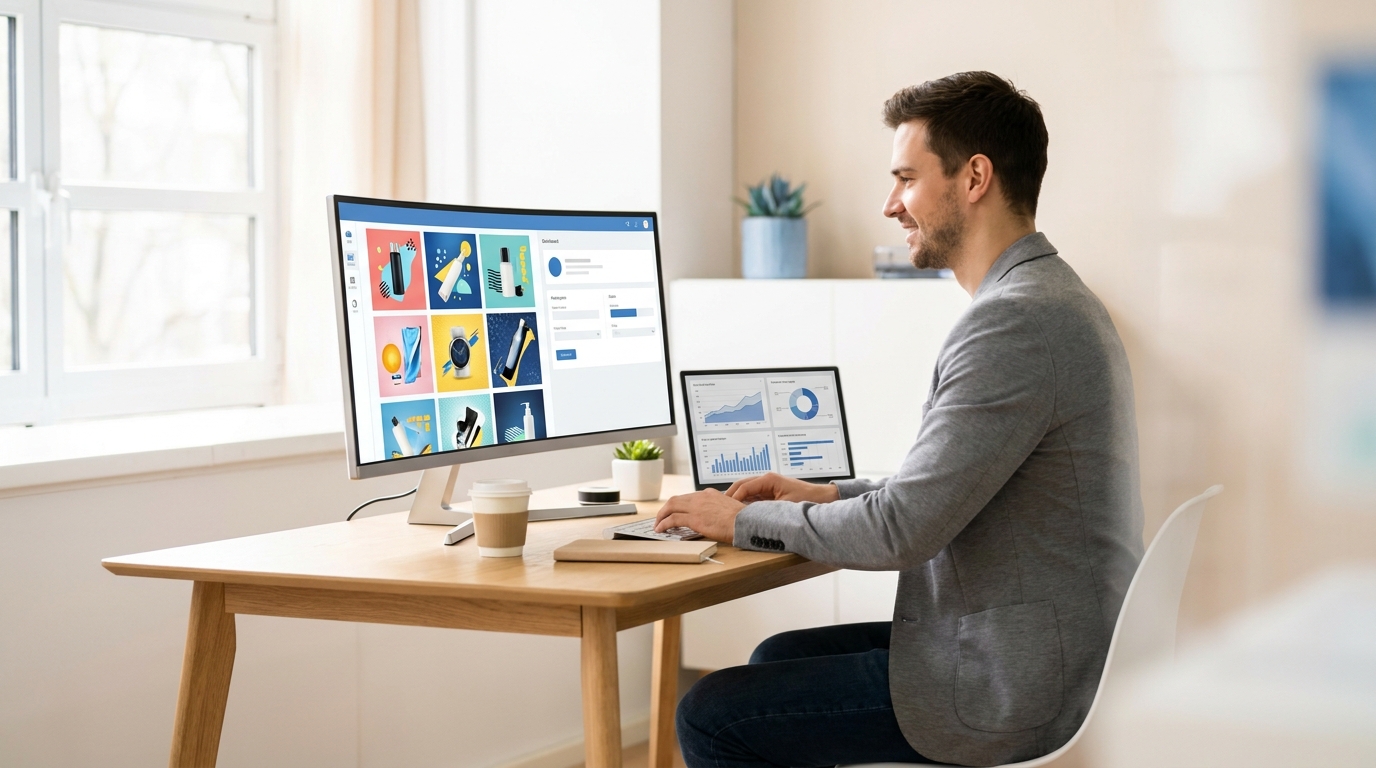 E-commerce ondernemer maakt AI-advertenties voor webshop met tools zoals AdCreative en Canva op computerscherm