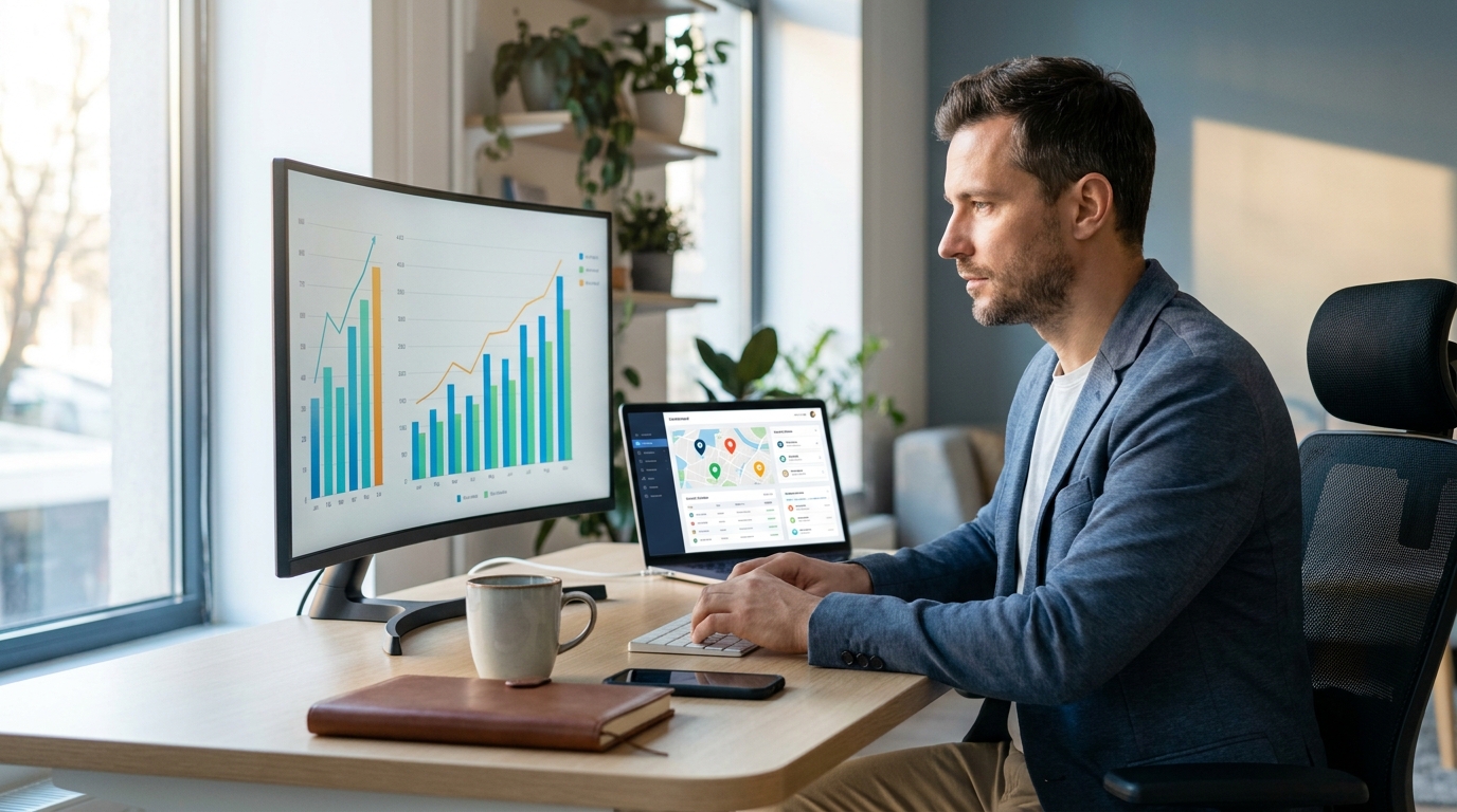 Dropshipper bekijkt omzetdashboard en stappenplan om dropshipping business te schalen naar een miljoen euro
