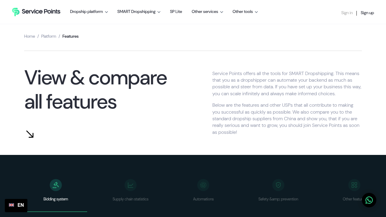 Screenshot of https://www.servicepoints.eu/en/platform/features